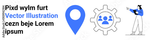 Blue location pin, gear with team icons, person holding clipboard pointing. Ideal for teamwork, business strategy, location services, HR, workflow management, corporate identity simple landing page Free Download Blue location pin, gear with team icons, person holding clipboard pointing. Ideal for teamwork, business strategy, location services, HR, workflow management, corporate identity simple landing page - GFXLoad