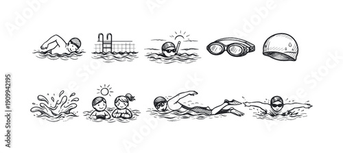 Swimming, water sports line icon set. Pool activities, equipment linear illustrations