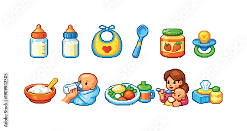 Baby care, feeding flat icon set. Infant, bottle, spoon, bib, food, pacifier icons