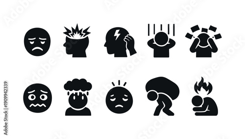 Mental health, stress solid icon set. Anxiety, depression, mental health icons collection