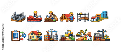 Construction and building icon set. Work, industry, development icons in outline style