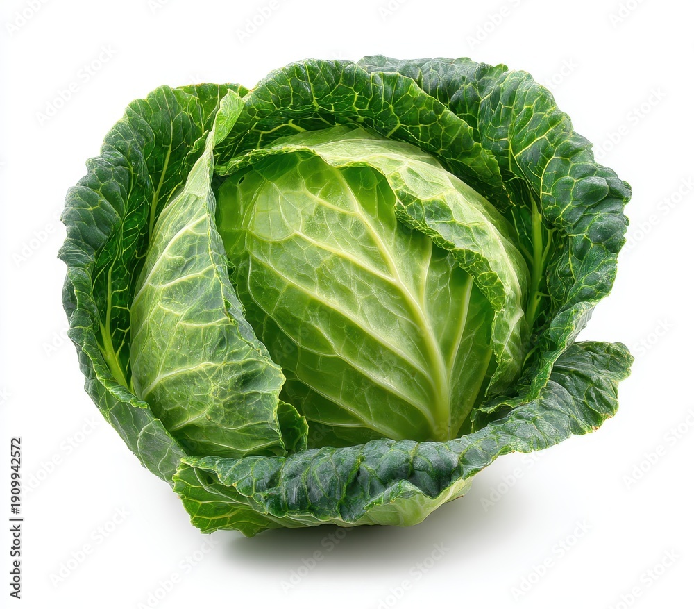 Fototapeta premium Crisp Green Savoy Cabbage Head, Textured Leaves, Healthy Vegetable Isolated on Pure White Background.