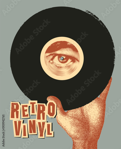 Vector banner or retro poster for vinyl record store with human hand holding vinyl record with eye design. Suitable for creative use, advertising, logos, or T-shirt designs.