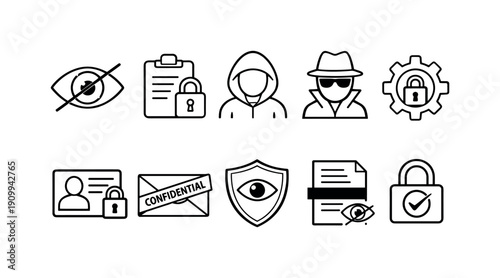 Security and privacy line icon set. Data protection, cybersecurity, surveillance icons