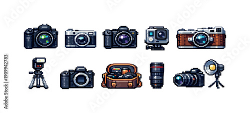 Photography equipment pixel icon set. Cameras, lenses, gear pixel art collection.