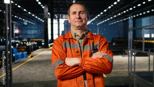 Schilderij op canvas Portrait of supervisor standing in industrial workshop facility with protective gear, ensuring steel fabrication and production with tools and machinery