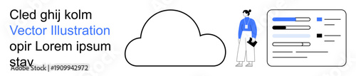 Cloud storage, data management, business solutions, technology innovation, remote collaboration, digital workflow. Minimalist cloud design, person and interface. Cloud storage and data management