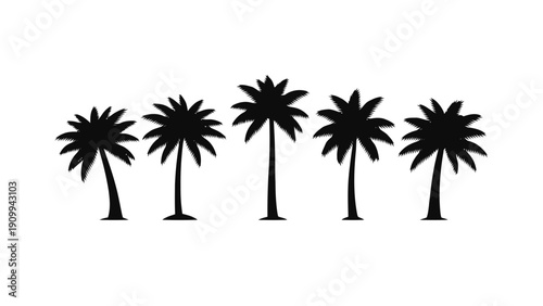 Vector illustration of five black silhouette palm trees lined up on on a transparent background