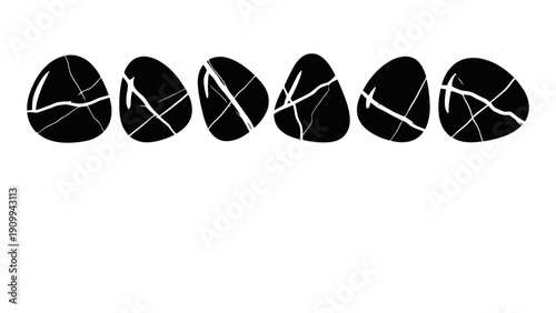 Vector illustration of set of six black stones with white kintsugi style cracks, minimalist graphic illustration of broken objects repair concept on a transparent background