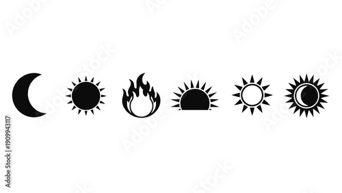 Vector illustration of set of celestial and fire icons crescent moon, sun, flame, sunrise, starburst, and solar eclipse symbols on a transparent background