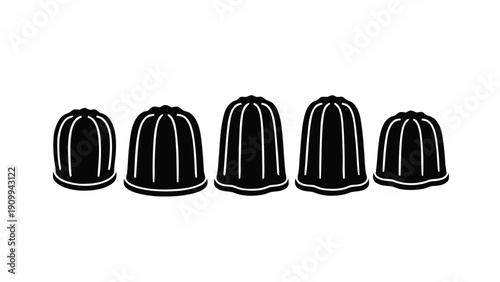 Vector illustration of set of five black and white icons representing different sizes of jelly molds or fluted dessert molds in a row on a transparent background