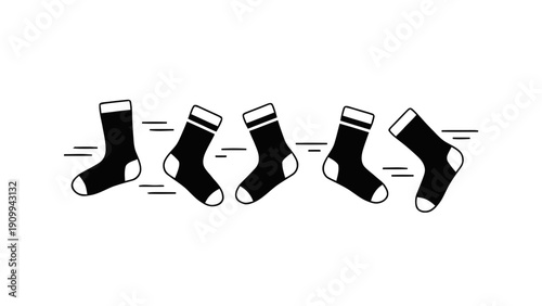 Vector illustration of set of five black and white socks in motion or falling sequence on a transparent background