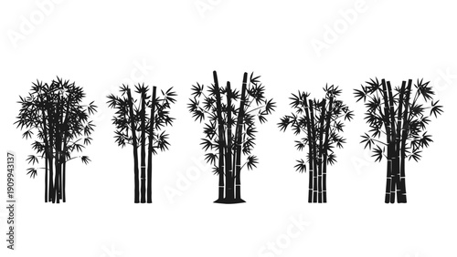 Vector illustration of set of five black silhouette bamboo clumps on a transparent background