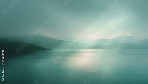 Tranquil Teal Lake with Misty Mountains and Suns Gentle Reflection.