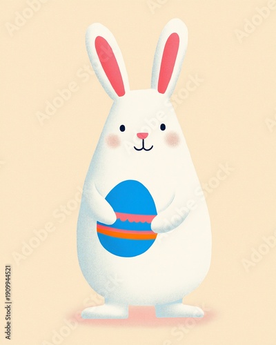 Illustration of a modern Easter bunny holding a colorful egg, featuring pink ears and a friendly expression against a soft pastel background