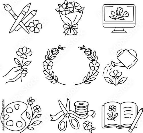 ​Flower design and floral craft icons set. Minimalist line art for flower design day event
