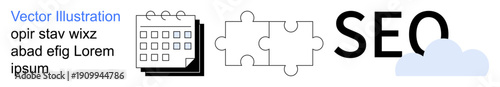Marketing strategy, search engine optimization, planning, teamwork, online solutions, workflow management. Puzzle pieces, calendar SEO text blue cloud. Search engine optimization and planning