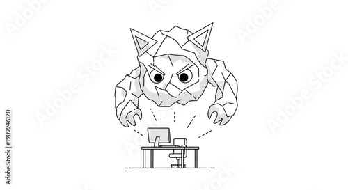 Encounter between a stone creature and a desk worker at a computer