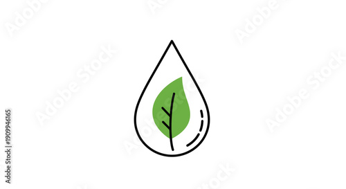 A clean water drop with a green leaf inside, symbolizing purity and nature