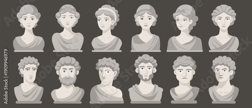 Collection of cute classical greek or roman male and female busts. Modern stylized set of ancient sculptures.