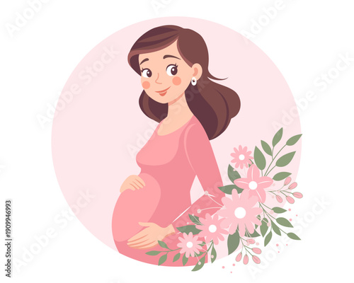 Smiling pregnant woman with with floral decoration. Expectant mother. Illustration.