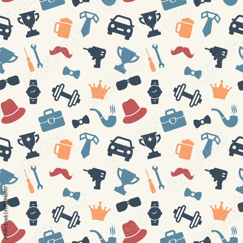 Fathers Day themed masculine accessories seamless pattern. Gentlemans essentials background. Geometric pattern, wallpaper, packaging.