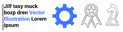 Business strategy, achievement, recognition, leadership, goal setting, competition. Blue gear shape, award ribbon with star and chess knight icon. Strategy and achievement concept