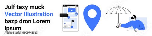 Digital tools, geolocation, remote assistance, user safety, technology integration, data visual . A smartphone, location pin and umbrella used by a person. Digital tools and geolocation concept