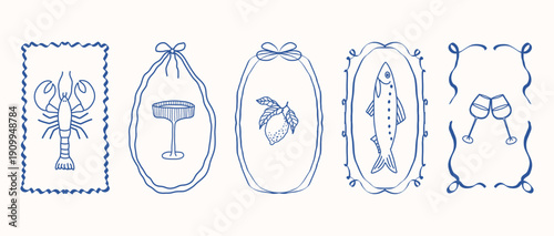 Whimsical blue hand-drawn frames with bow with lemon, sardine, glass, lobster, cocktail in vintage coquette style on white background. Vector designs. Set for menu, greeting cards, party decor.