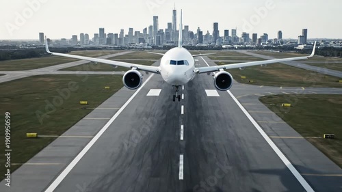 Airplane approaching a city skyline on a runway