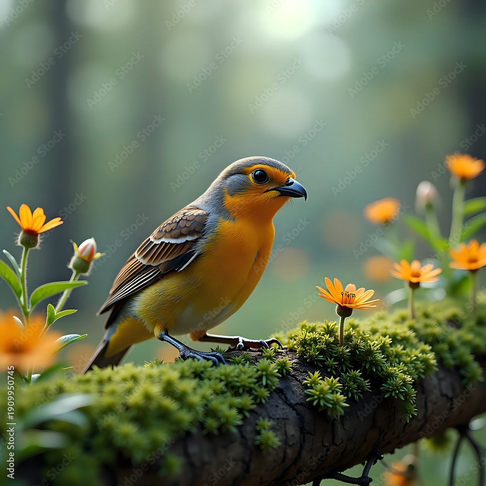 Obraz premium Vibrant Bird Perched on Mossy Branch