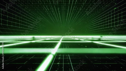 Digital Grid: An abstract grid stretches into the distance, illuminated with vibrant green light, suggesting a world of data, digital innovation, and advanced technology.
