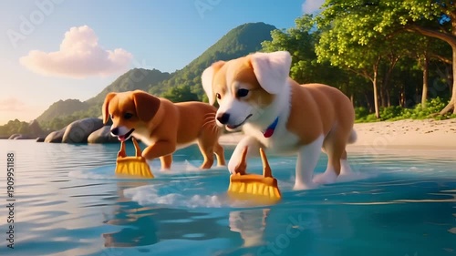 Puppies playing with surfboards in bright sunny day with calm ocean waves for pet accessories