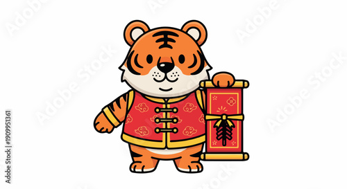 Cartoon tiger mascot wearing a red Chinese-style outfit holding a red lantern on a white background with festive colors.