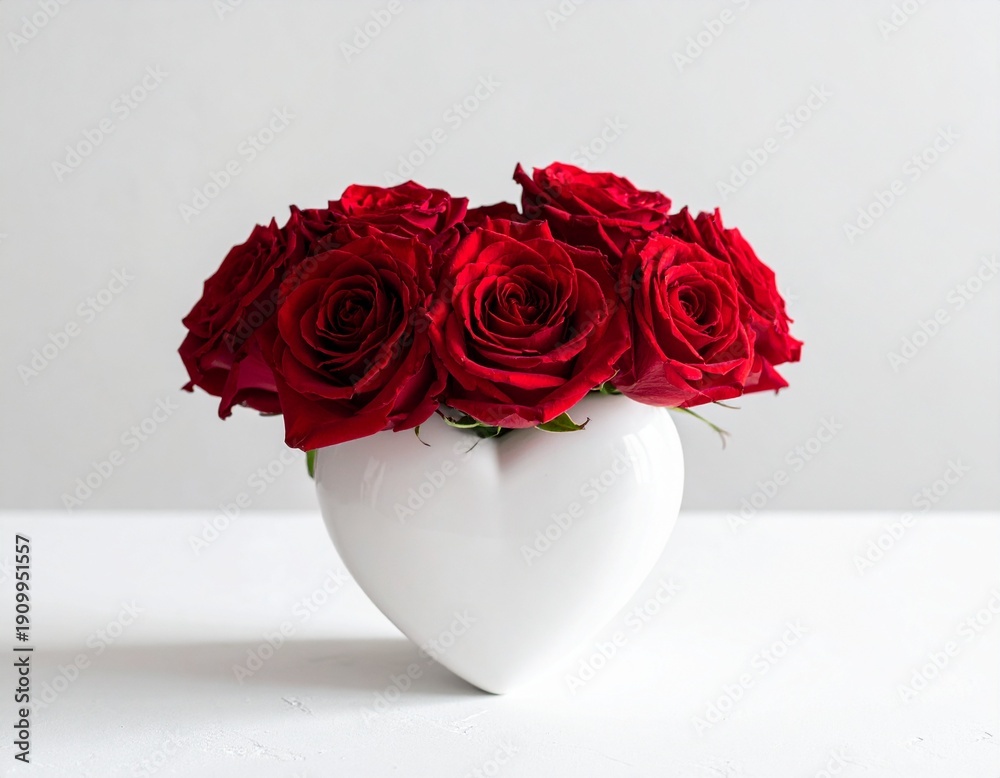 Fototapeta premium Bouquet de roses rouges dans un vase blanc en forme de coeur. Isolé sur fond blanc. Generated Image. 