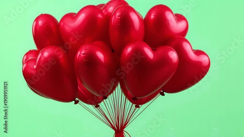 Red Heart Balloons Cluster in Vibrant Color on Green Background for Valentines Day Celebration