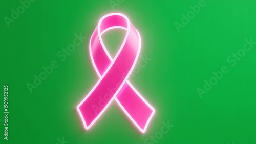Pink Breast Cancer Awareness Ribbon in Neon Glow on Green Background for Healthcare Campaign