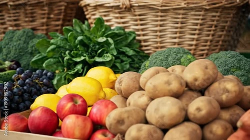 Colorful Assortment of Freshly Harvested Fruits and Vegetables on Display at an Outdoor Market Stall, Ready for Sale