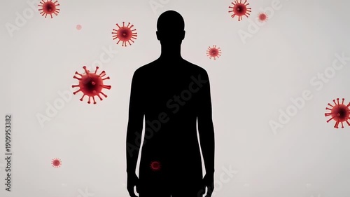 Person surrounded by virus particles in a medical concept