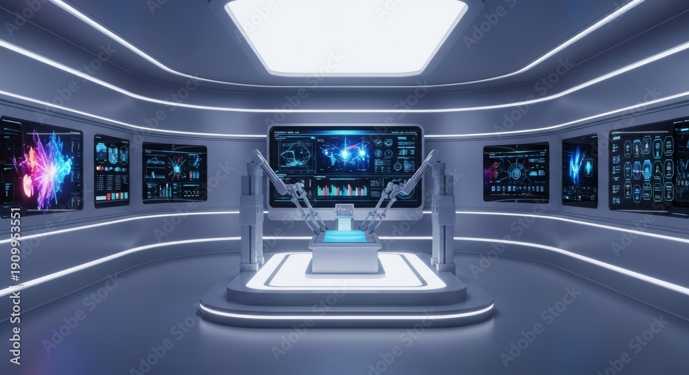 Fototapeta premium Sleek, sterile chamber designed for advanced microscopic robotic therapy, featuring glowing displays and specialized medical equipment, room, health, laboratory
