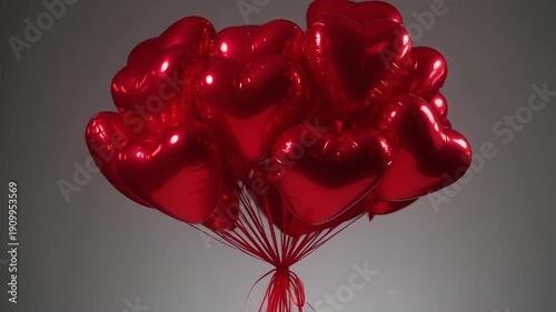 Red Heart-Shaped Balloons in Festive Arrangement with Shiny Finish and Soft Focus for Valentines Day Celebration