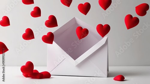 White Envelope with Red Hearts in Soft Minimalist Style with Gentle Lighting for Valentines Day Greeting Card