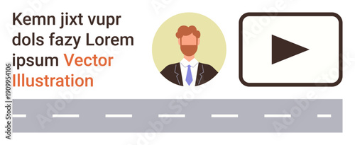 Media icons, business profiles, digital communication, navigation, online tutorials, graphical presentations. A businessman avatar, play button and a road graphic. Media icons and business profiles