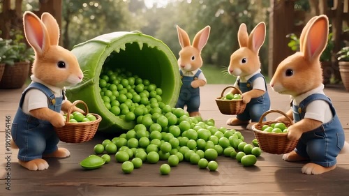 Three rabbits harvesting green peas in whimsical illustration with soft natural lighting on wooden deck for childrens book