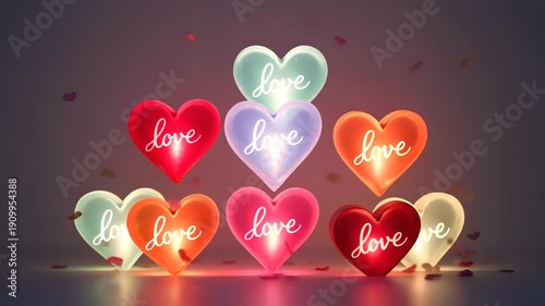 Glowing hearts with love text in vibrant colors and soft lighting on dark background for valentines day