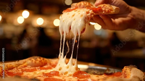 A hand lifts a slice of hot pepperoni pizza with melted cheese in a restaurant setting viewed from a close-up angle