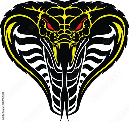 Aggressive cobra snake head vector illustration with hood expanded and red eyes, black and yellow tribal mascot silhouette isolated on white background.