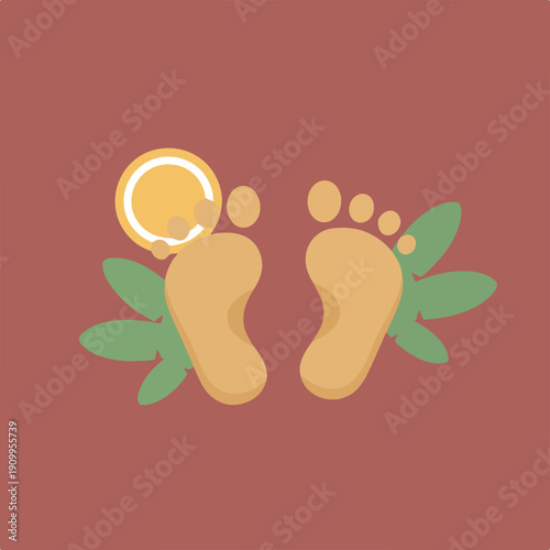 A minimalist vector shows two yellow footprints with green leaves and a round soap, suggesting natural foot care or a relaxing spa experience.