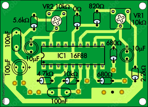Vector printed circuit board of electronic device with components of radio elements, conductors, contact pads. Engineering technical pcb drawing. 
Electric background.  Computer cad design.