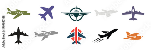 Modern airplane vector icon set with flat minimalist aircraft silhouettes for aviation travel airline and transportation design projects